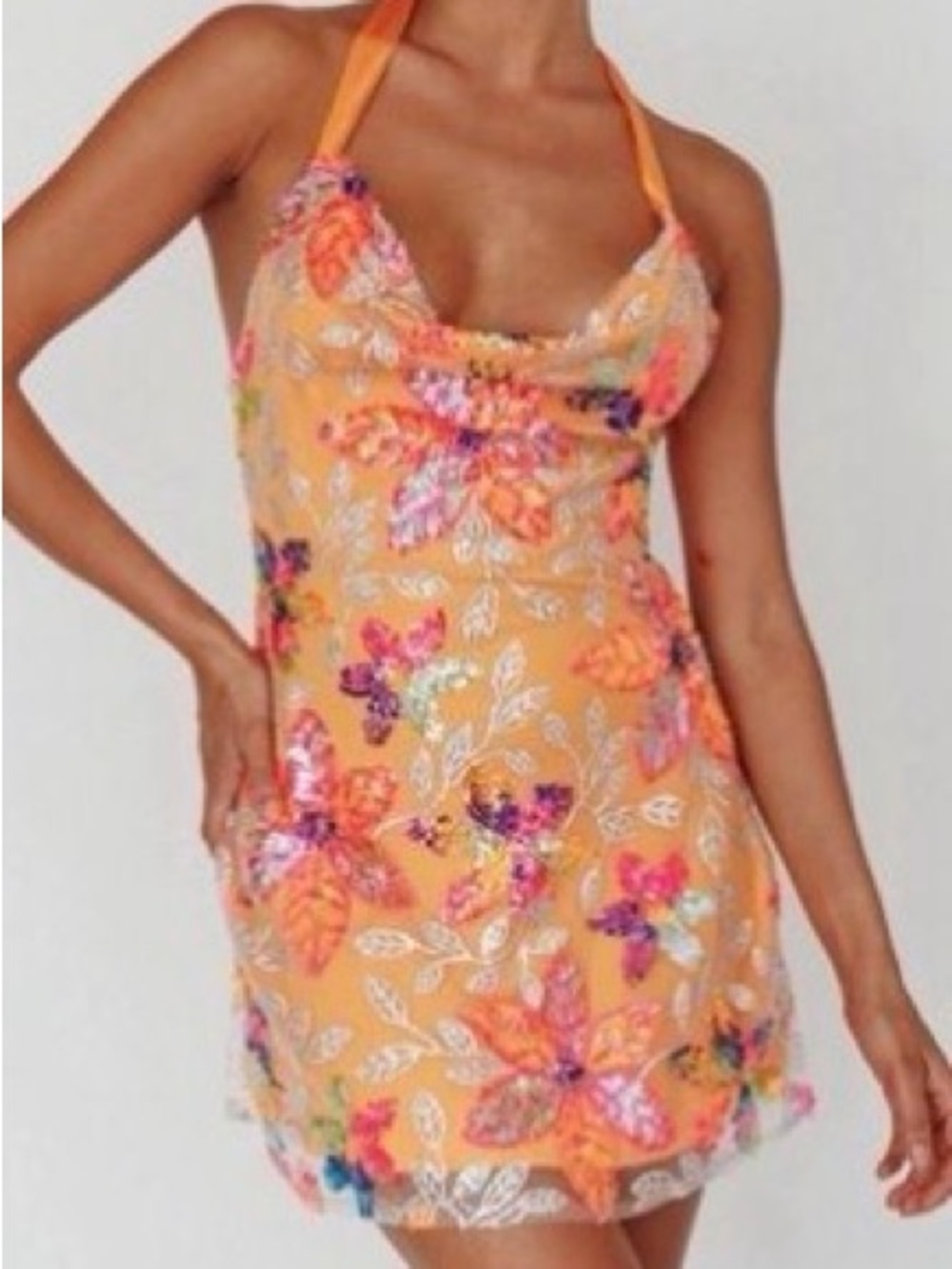 Selfie Leslie Orange Sequin Floral Halter Backless Dress